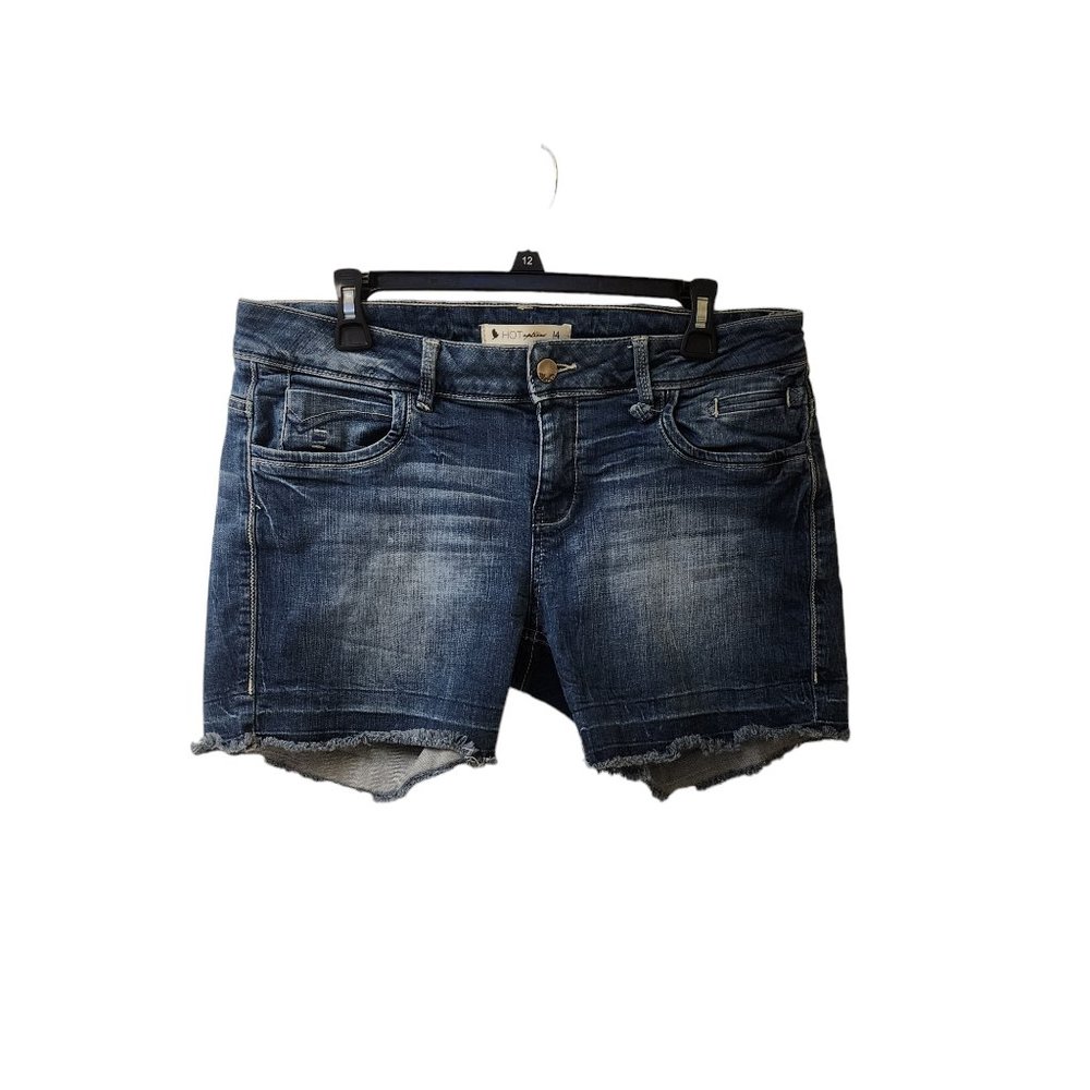Hot Options Blue Jean Midi Jean Shorts Size 14 Raw Hem y2k Mid Rise